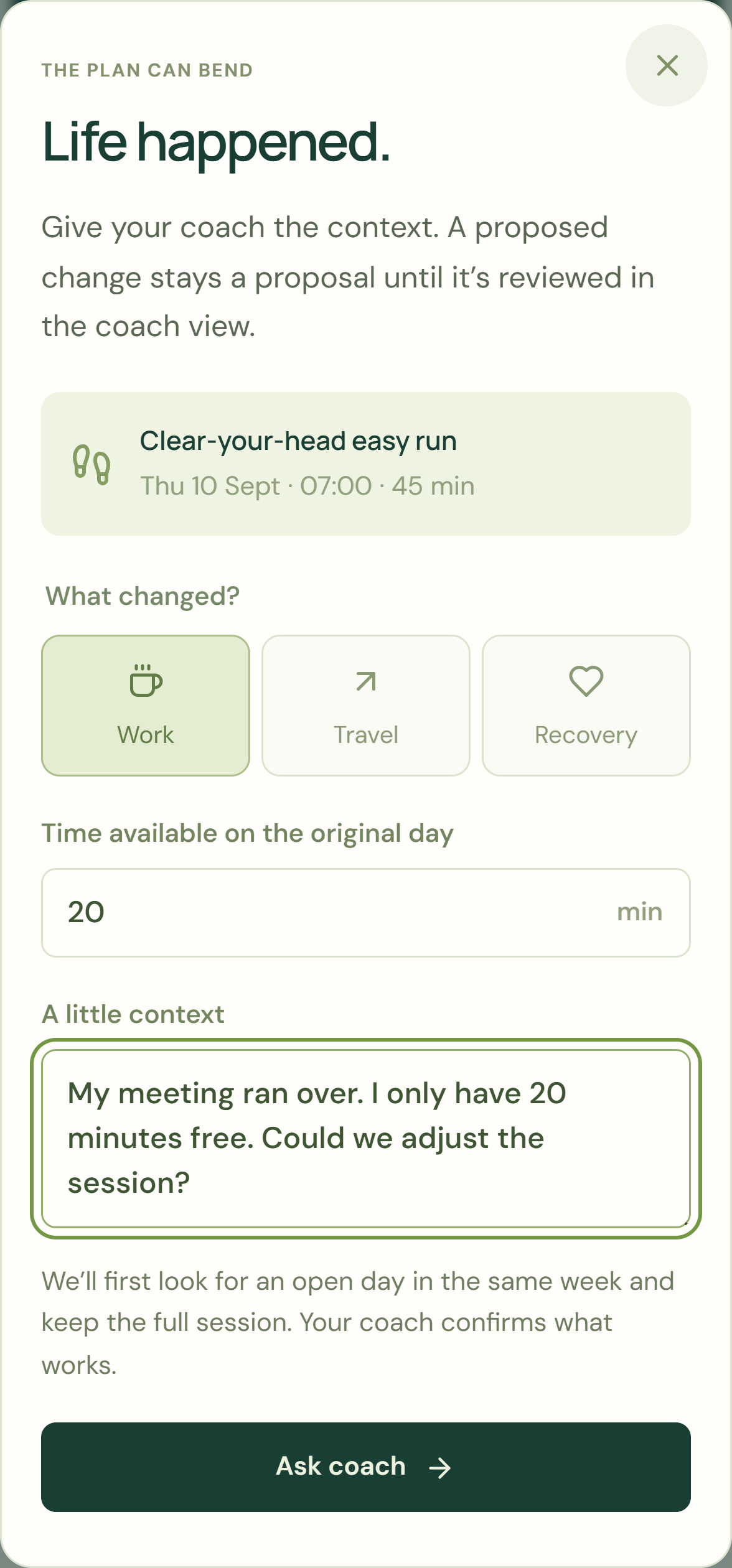 Cadência-Prototyp auf dem Smartphone: Beispiel für einen Änderungswunsch auf Englisch, bei dem nach einer längeren Besprechung noch 20 Minuten fürs Training bleiben