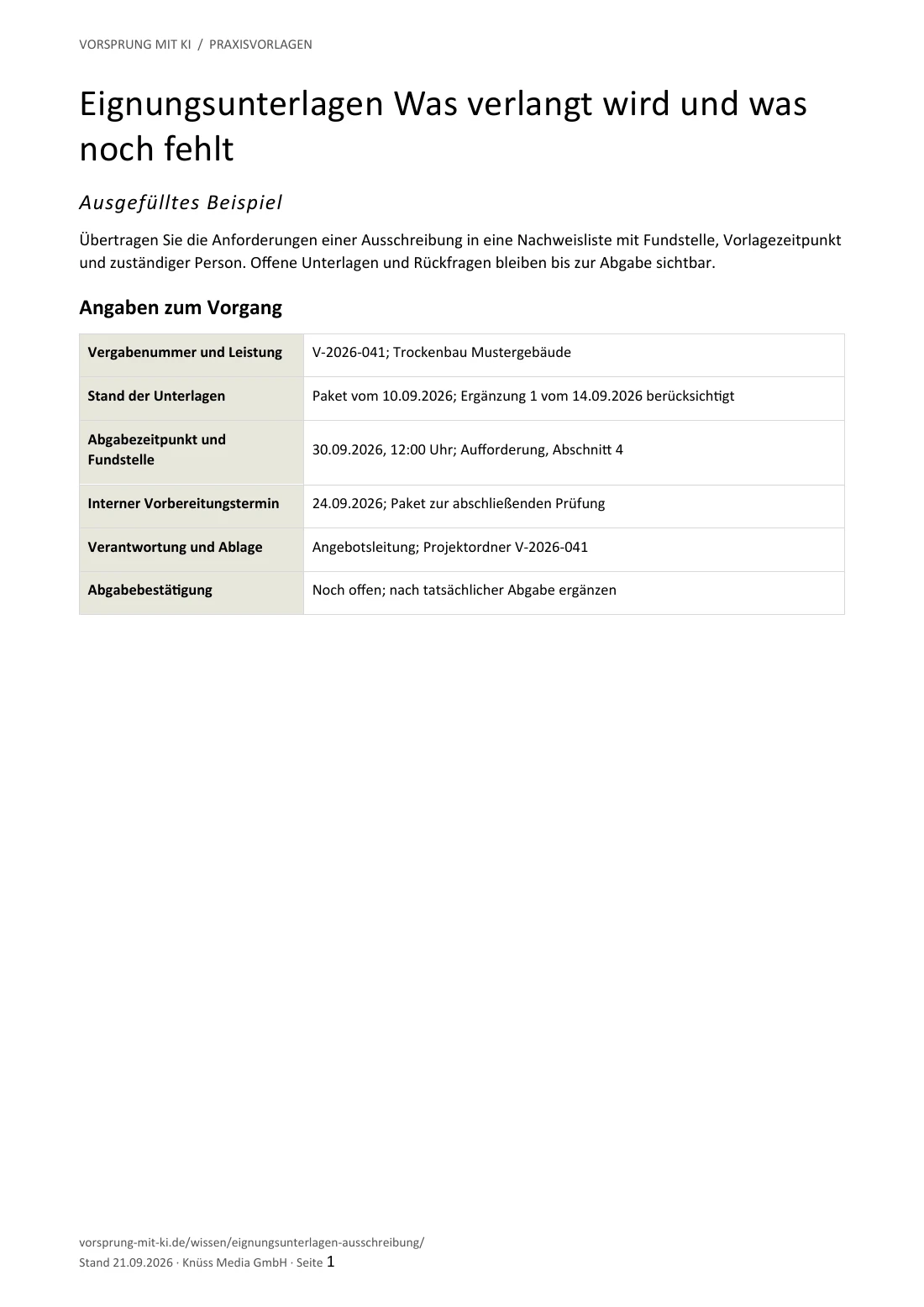 Ausschnitt der ersten Seite des ausgefüllten Beispiels