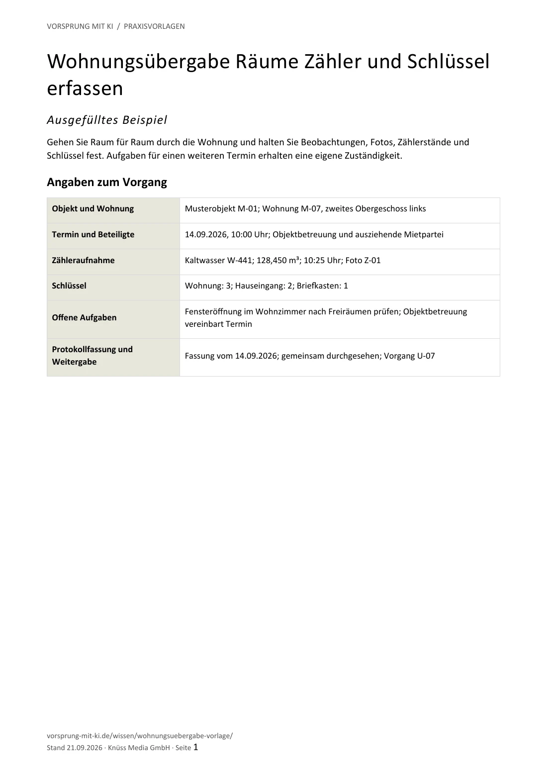 Ausschnitt der ersten Seite des ausgefüllten Beispiels